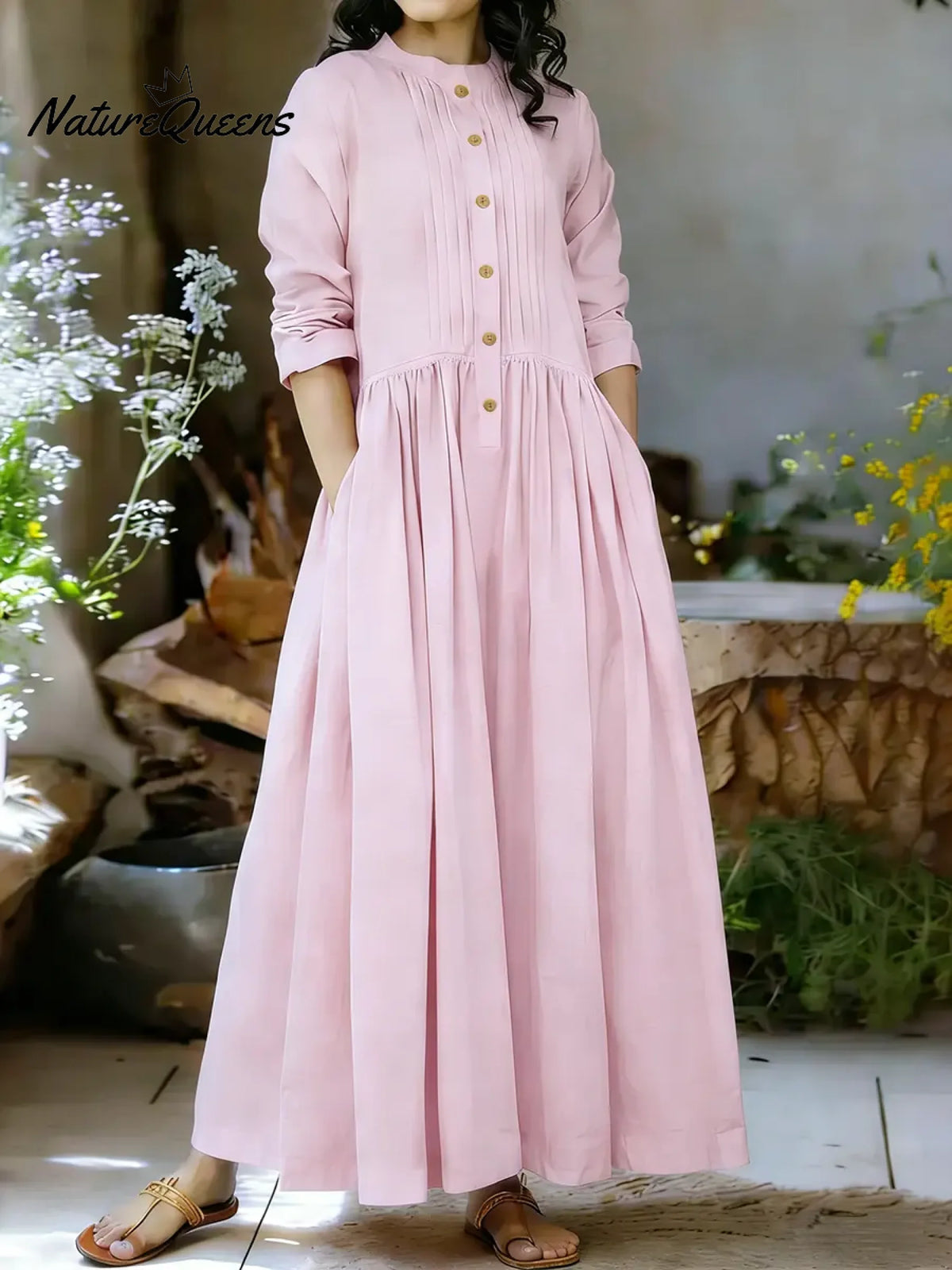 Women's Solid Color Stand-collar Long-sleeved Loose-fitting A-line Cotton Dress