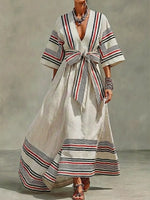 Women's Retro Striped Art Casual Vacation Cotton Linen Maxi Dress