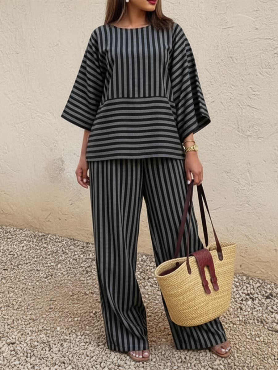 Casual Striped Linen Top And Wide-leg Pants Two-piece Set