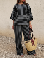 Casual Striped Linen Top And Wide-leg Pants Two-piece Set