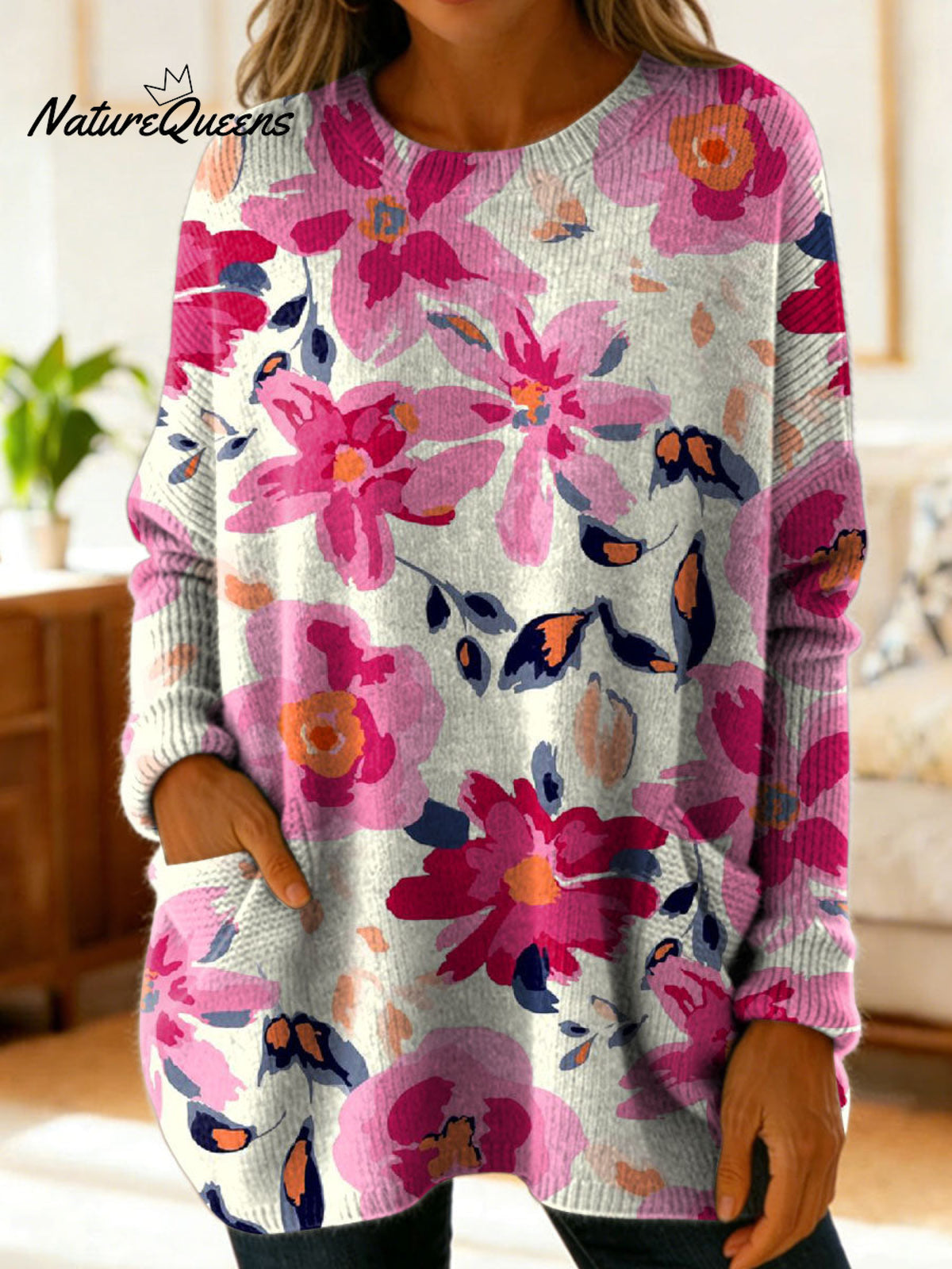 Women's Lovely Floral Flowers Pattern Art Print Casual Cotton Knitted Sweater