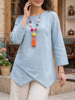 Women's Solid-color Round-neck Long-sleeve Casual Loose Cotton-linen Top
