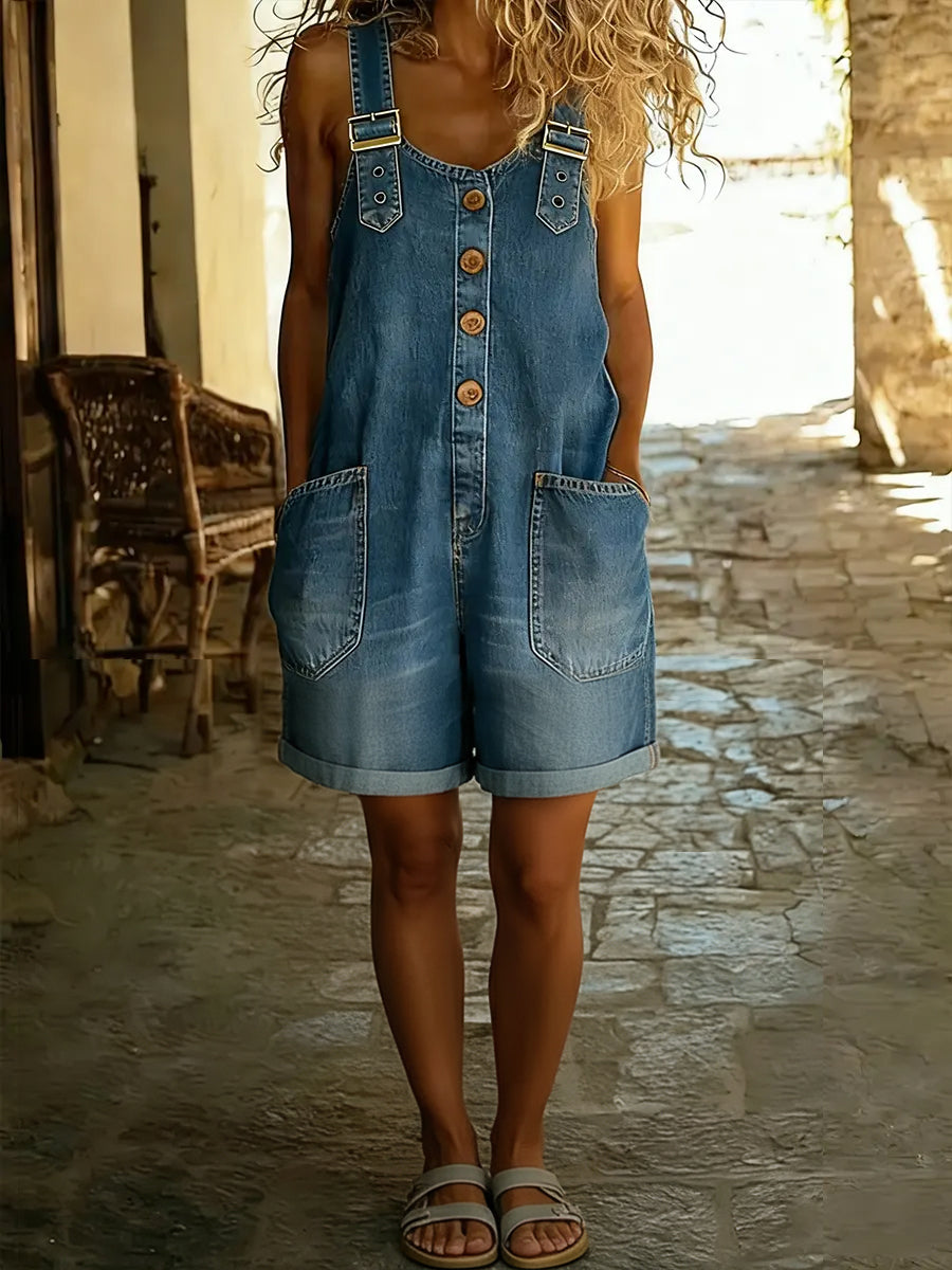Casual Adjustable-strap Denim Jumpsuit Shorts
