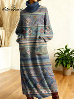 Women's Retro Geometry Colorful Square Stripe Art High-neck Long-sleeve Casual Loose Knit Dress