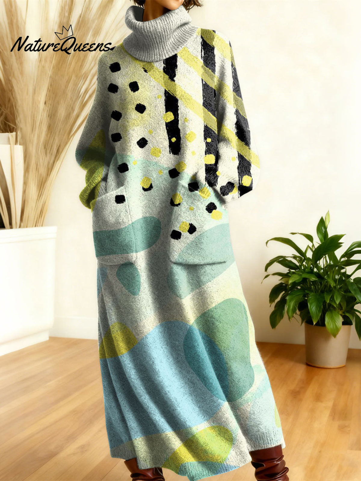 Women's Retro Abstract Geometric Colorful Splicing Patterns Art High-neck Long-sleeve Casual Loose Knit Dress