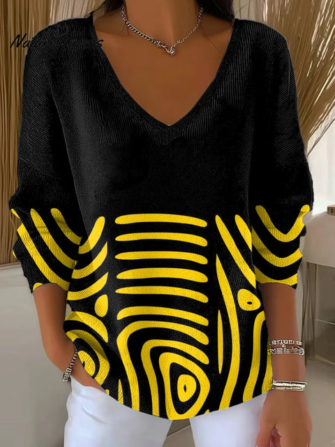 Women's Abstract Pattern Art Print Casual V-Neck Sweater