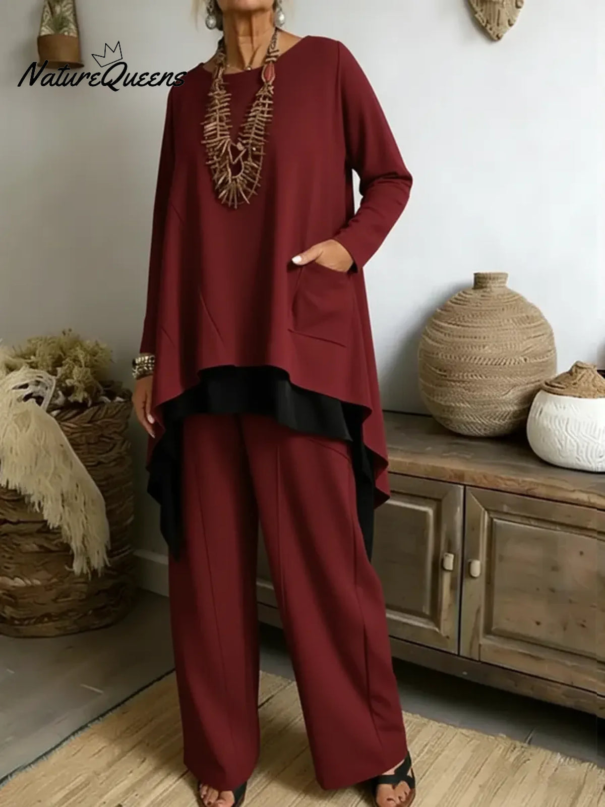 Women's Casual Asymmetrical Hem Cotton Top And Pants Two-piece Set