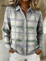 Gradient Geometric Line Decorative Pattern Casual Shirt Collar Long Sleeve Sweater