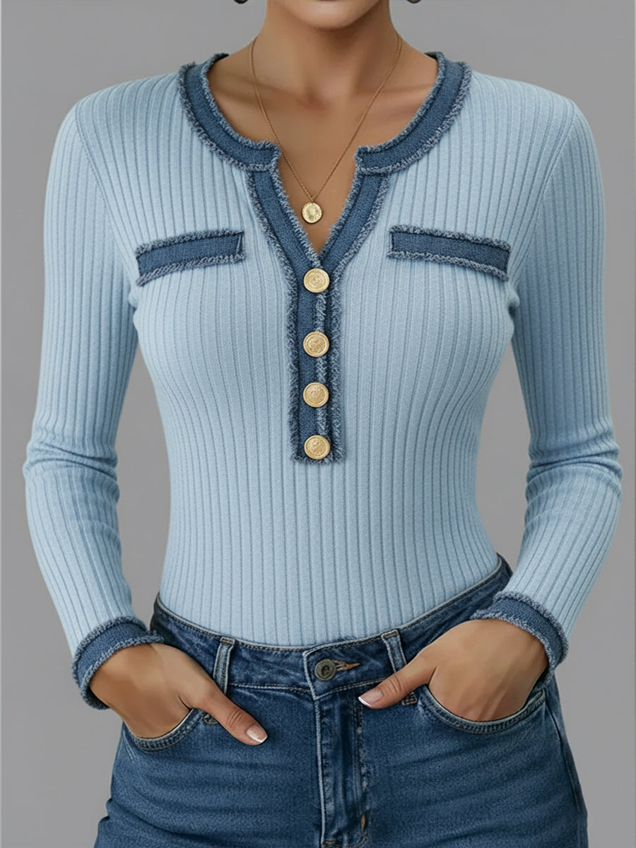 Casual Patchwork Denim Webbing Knit Top