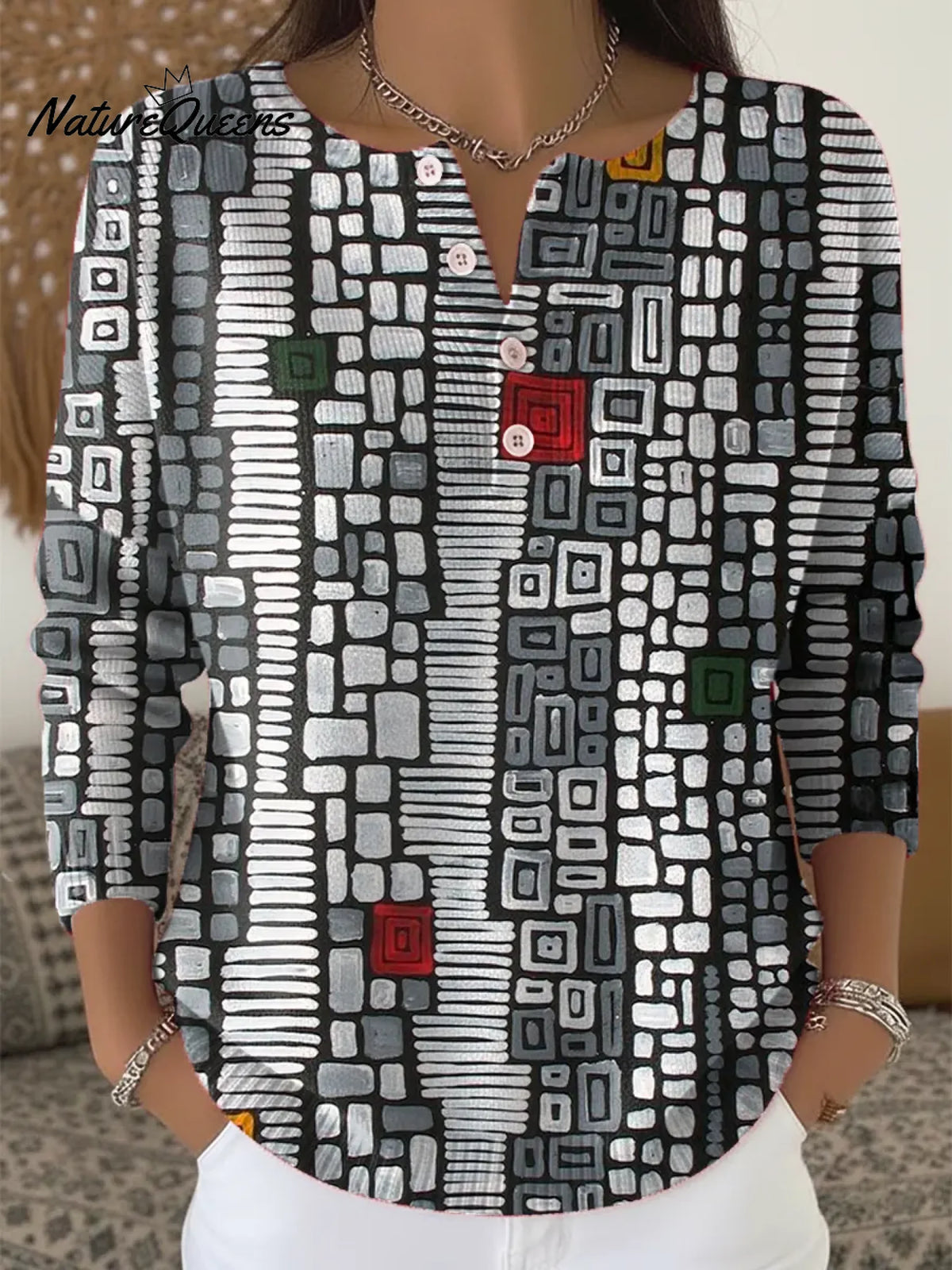 Women's Vintage Abstract Geometry Art Print Buttoned Cardigan Sweater