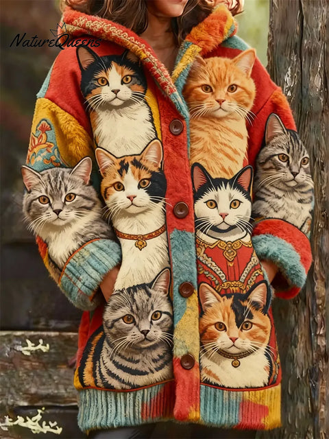 Women's Funny Cats Pattern Art Print Casual Fleece Coat
