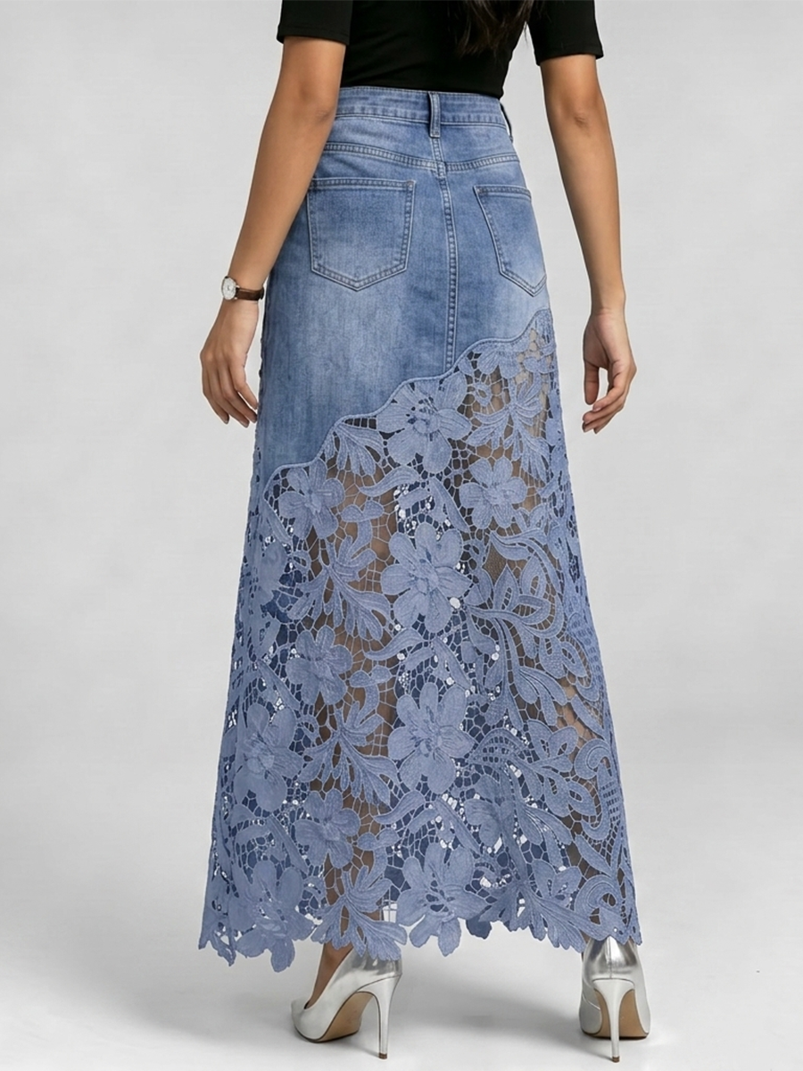 Elegant & Sexy Denim Skirt With Floral Lace Hem