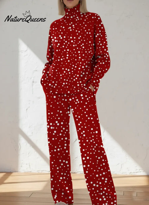 Women's Dot Pattern Art Print Casual Knitted Cotton Top Pants Suit