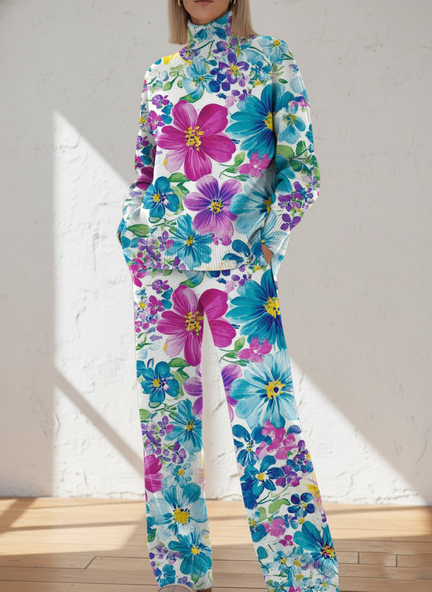 Women's Flower Pattern Art Print Casual Knitted Cotton Top Pants Suit
