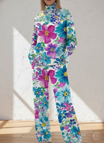 Women's Flower Pattern Art Print Casual Knitted Cotton Top Pants Suit