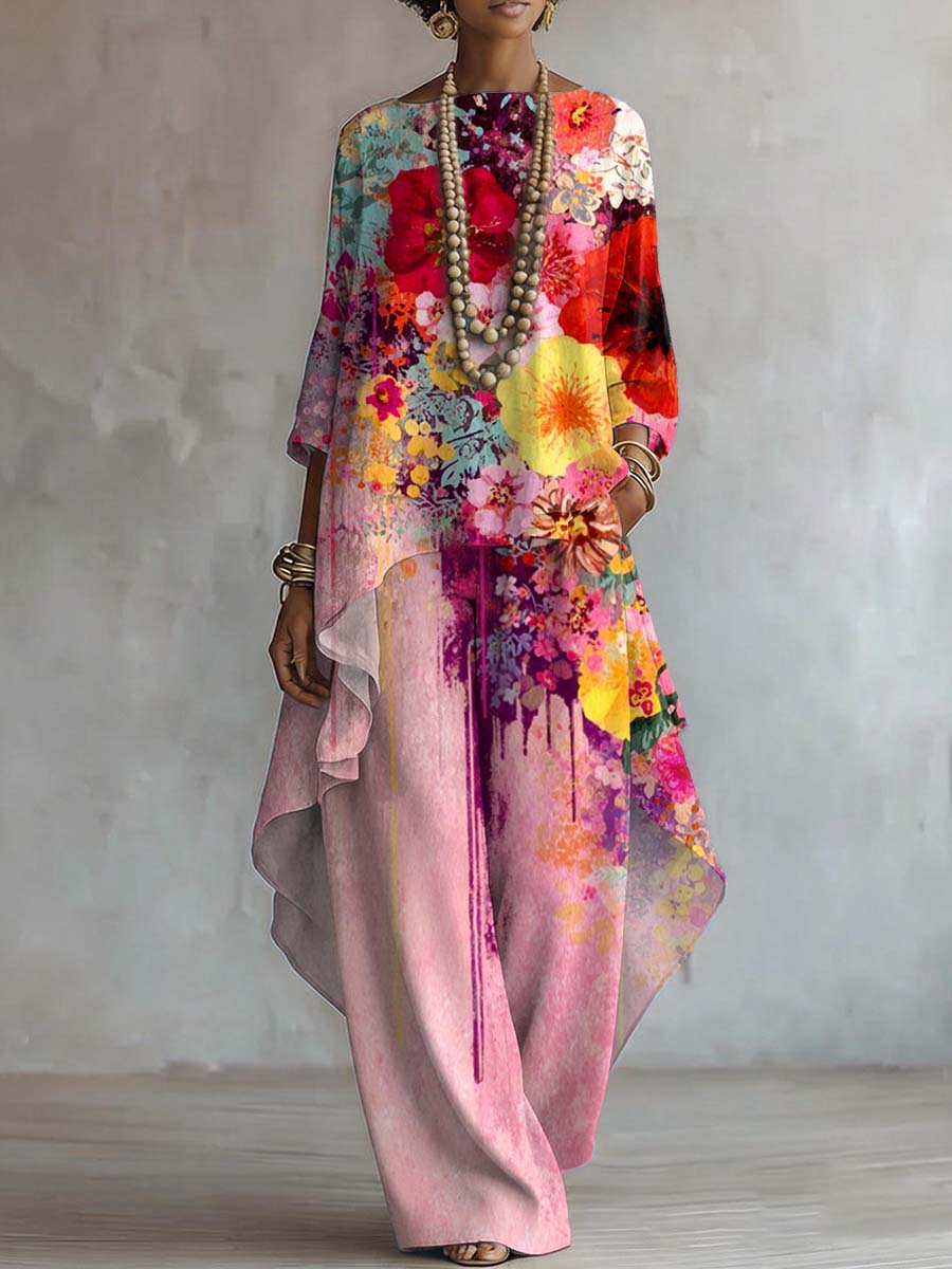 Women's Floral Art Print Casual Stylish 3/4 Sleeve Cotton Suits