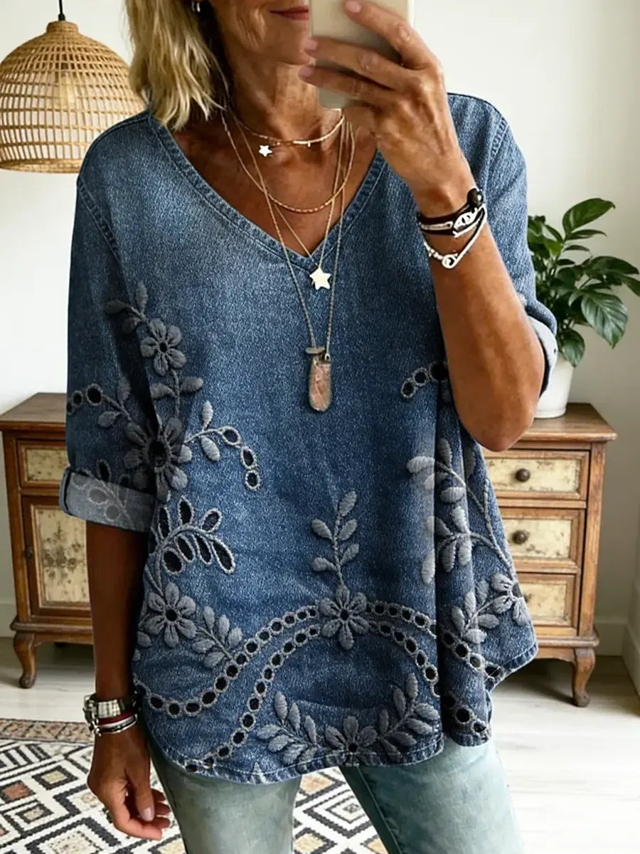 Women's Retro Floral Pattern Art Print Casual V-Neck Denim Shirt