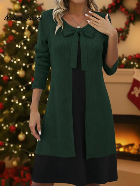 Christmas Elegant Bow-tie Faux Two-piece Knit Dress