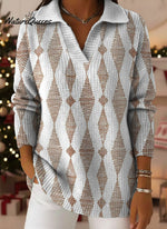 Linear Geometric Rhombus Decorative Pattern Women's Casual Shirt Collar Long Sleeve Sweater