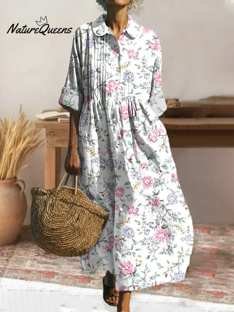 Women's Retro Floral Art Print Pleated Peter Pan Collar Casual Dress