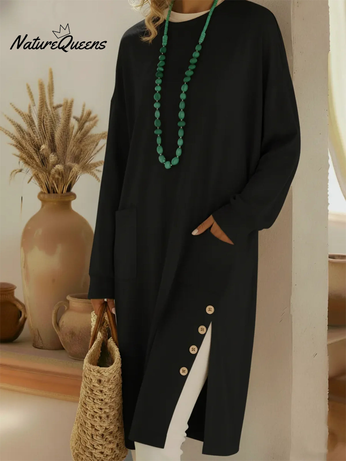 Casual Cozy Side-slit Button Cotton Sweatshirt Top