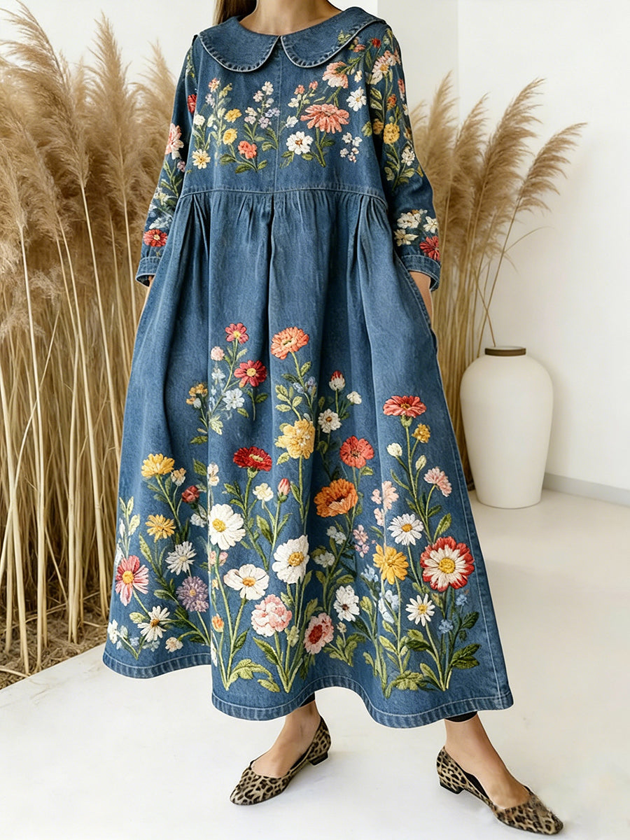 Women's Floral Art Print Peter Pan Collar Long-sleeved Loose Casual Denim Dress