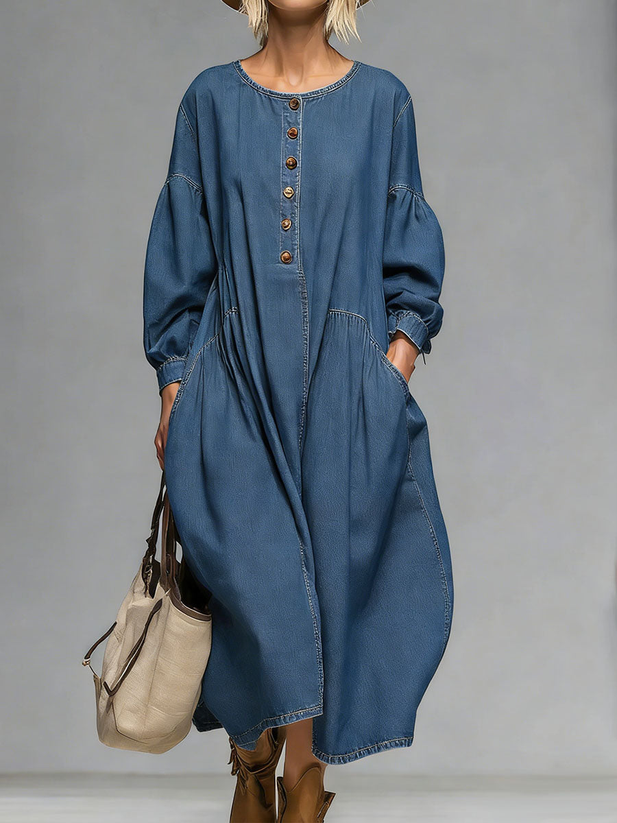 Women's Round Neck Long-sleeved Casual Loose Denim Dress