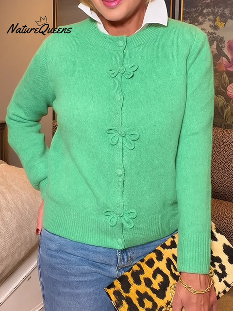 Women's Solid Color Round Neck Long-sleeved Knitted Cardigan