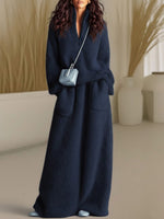 Women's Solid Color Cardigan Collar Long-sleeve Casual Loose Knit Top And High-waisted Casual Loose A-line Skirt Knit Set