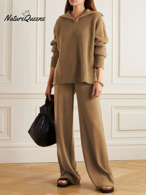 Women's Solid Color Collared Long-Sleeved Casual Loose Knit Top and High-Waisted Knit Wide-Leg Pants Set