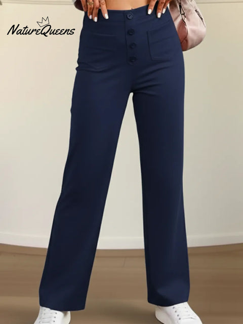 Women's Casual High-waisted Button Elastic Straight Leg Pants