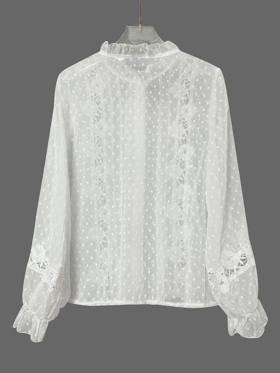 Women's Solid Color Crochet Openwork Long-sleeved Shirt