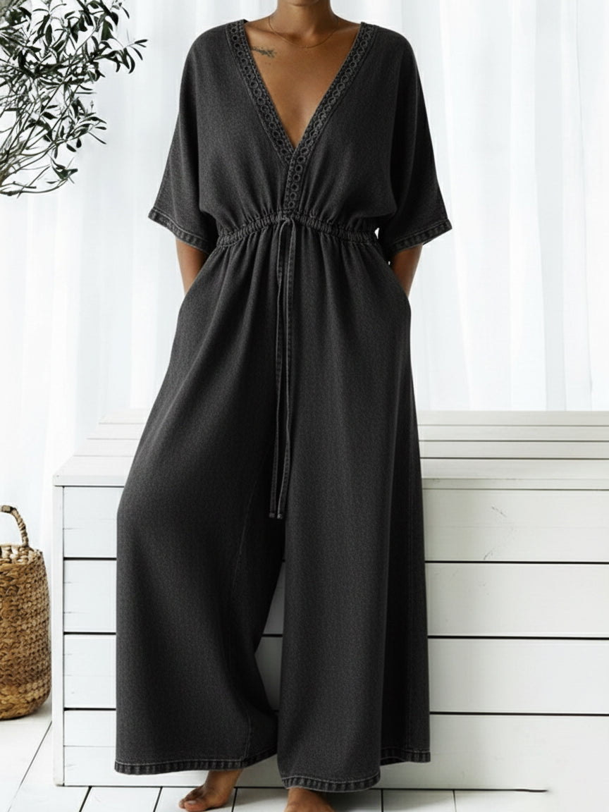 Casual V-neck Loose-fitting Drawstring Waist Denim Jumpsuit
