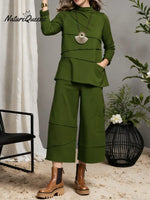 Women's Solid Color Stand-collar Long-sleeved Casual Loose Cotton Top And High-waisted Loose Wide-leg Pants Set.