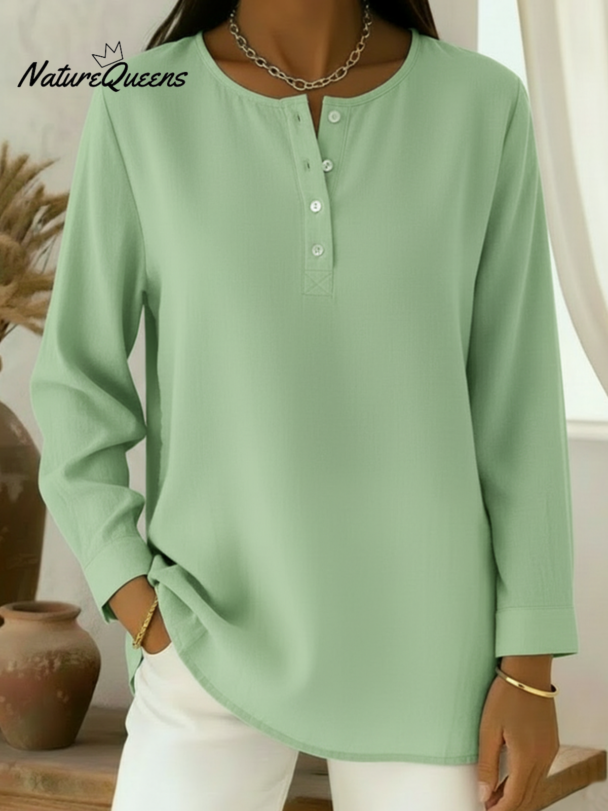 Casual Henley Collar Cotton And Linen Shirt