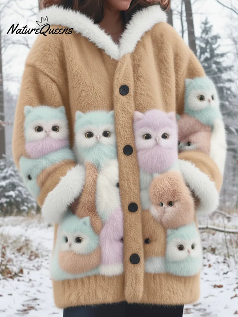 Winter Forest Smart Owl Mink Fleece Button Coat