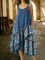 Casual Floral Patchwork Denim Dress With Adjustable Shoulder Straps