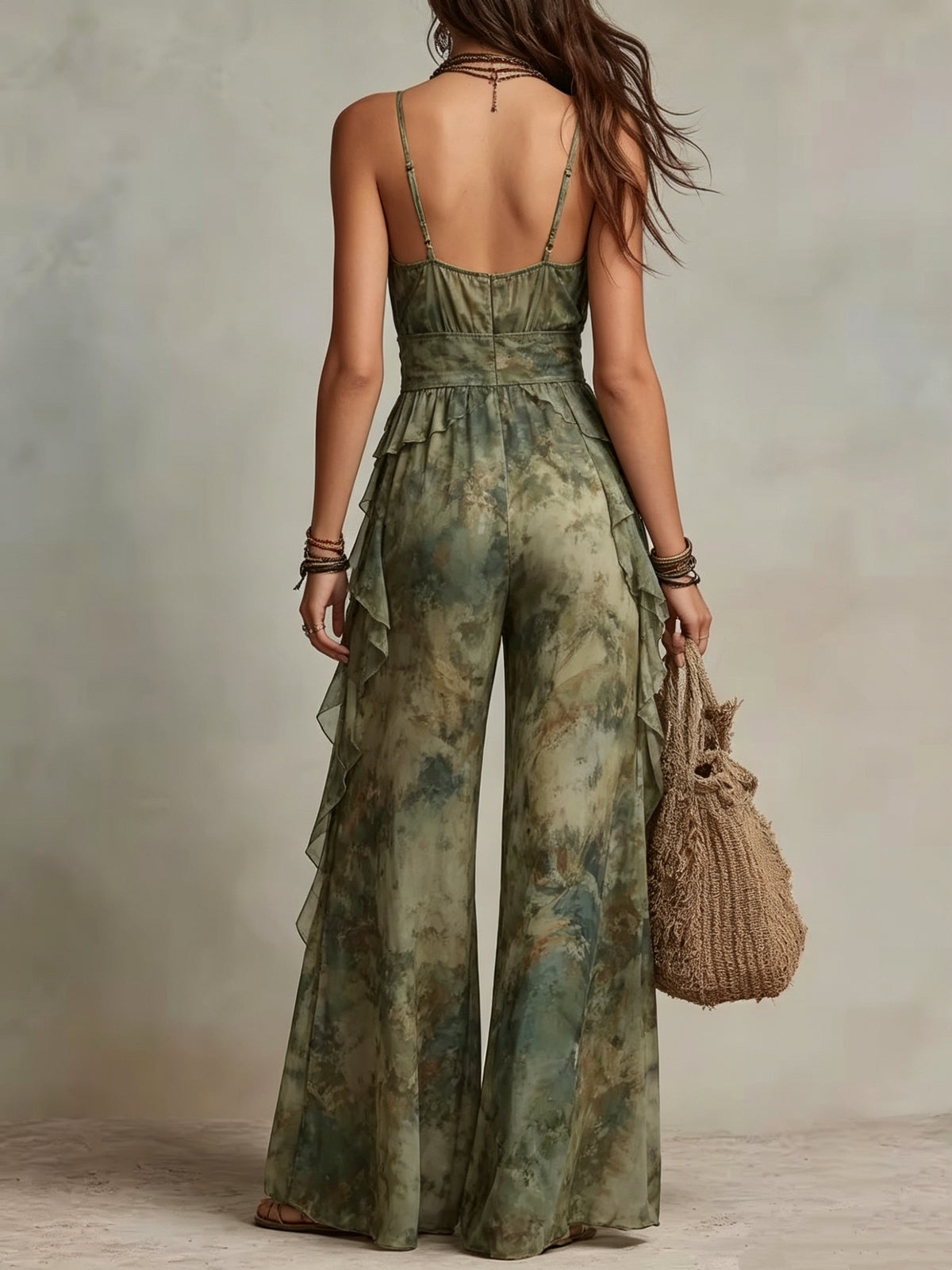 Green Watercolor Print Tiered Ruffle Chiffon Halter Neck Jumpsuit