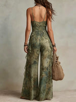 Green Watercolor Print Tiered Ruffle Chiffon Halter Neck Jumpsuit
