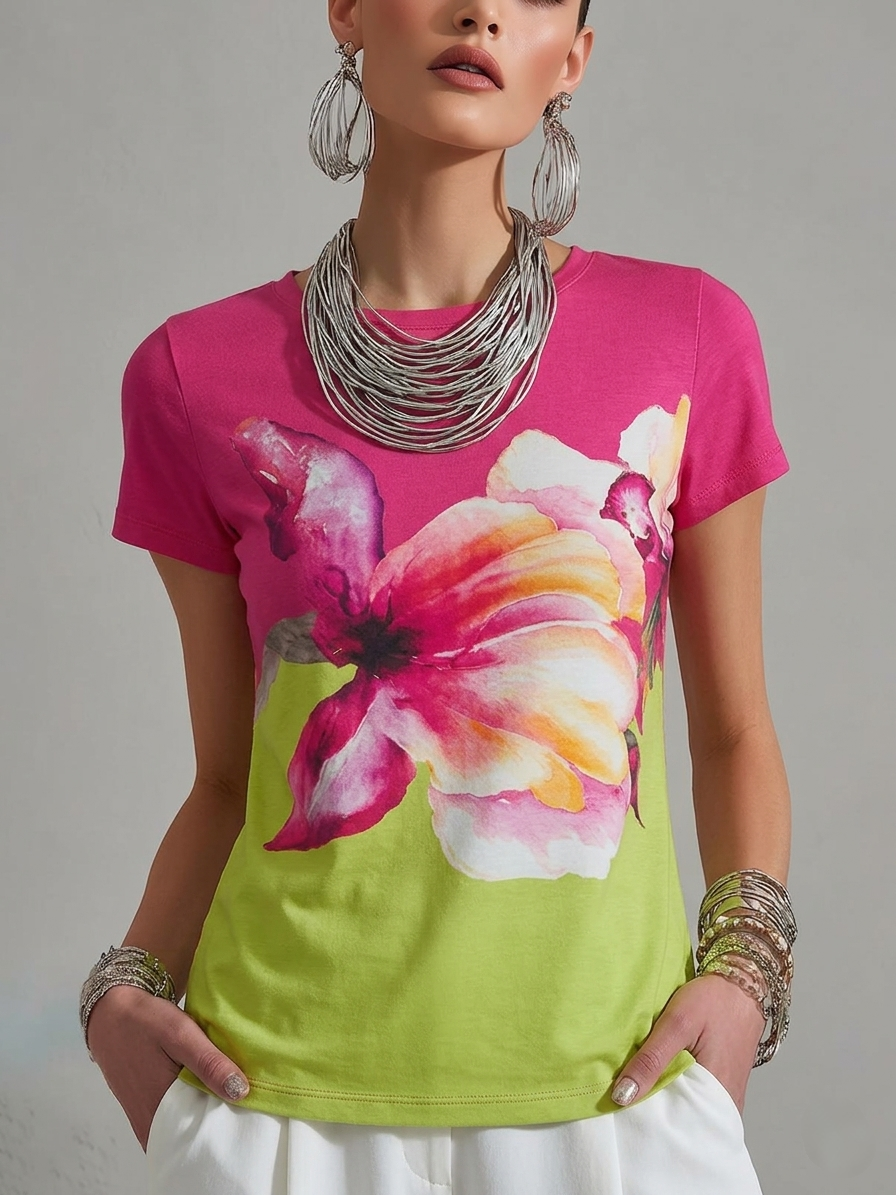 Women's Casual Cotton T-Shirt with Gradient Floral Pattern