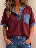 Women's V-neck Short Sleeve Casual Loose Patchwork Top