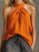 Crisscross Halter Top + Drawstring Wide-leg Pants Set
