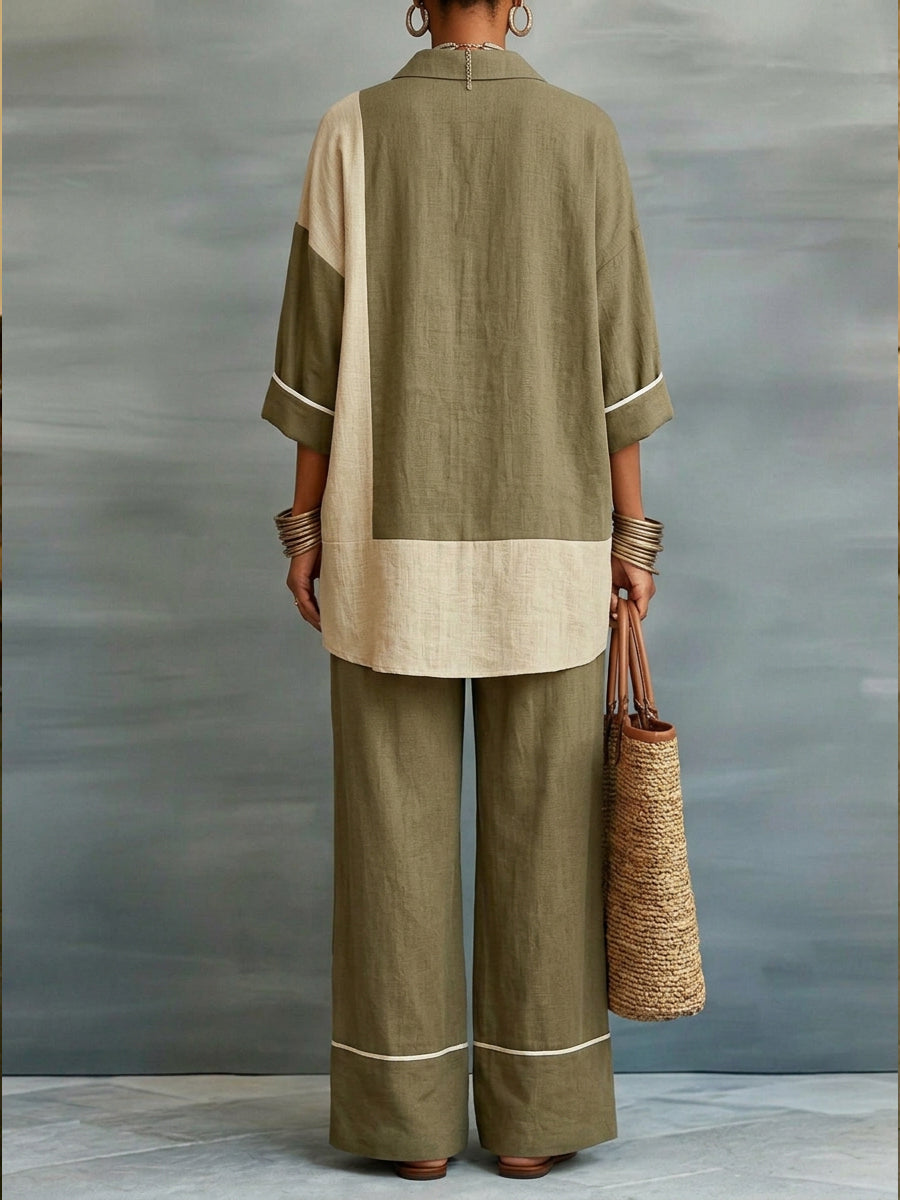 Casual Color-blocked Linen And Cotton Shirt And Trousers Two-piece Set
