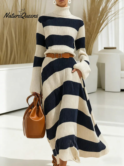 Women's Color-blocked Striped Turtleneck Long-sleeved Casual Loose Knit Dress