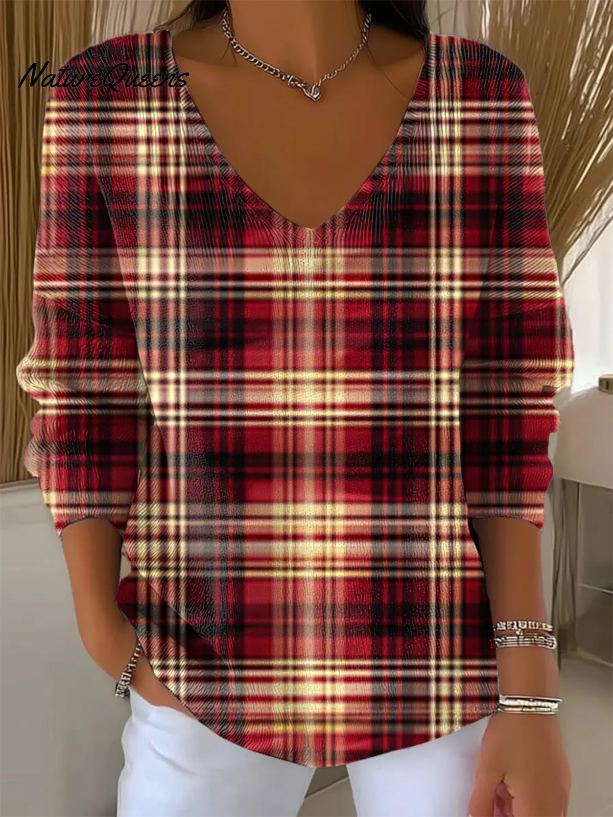 Women's Vintage PlaidArt Print Casual Pullover Sweater