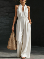 Minimalist And Elegant Halter-neck Wide-leg Linen Jumpsuit