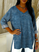 Distressed-style Gradient Decorative Pattern Women's Casual V Neck Collar 3/4 Sleeve Shirt