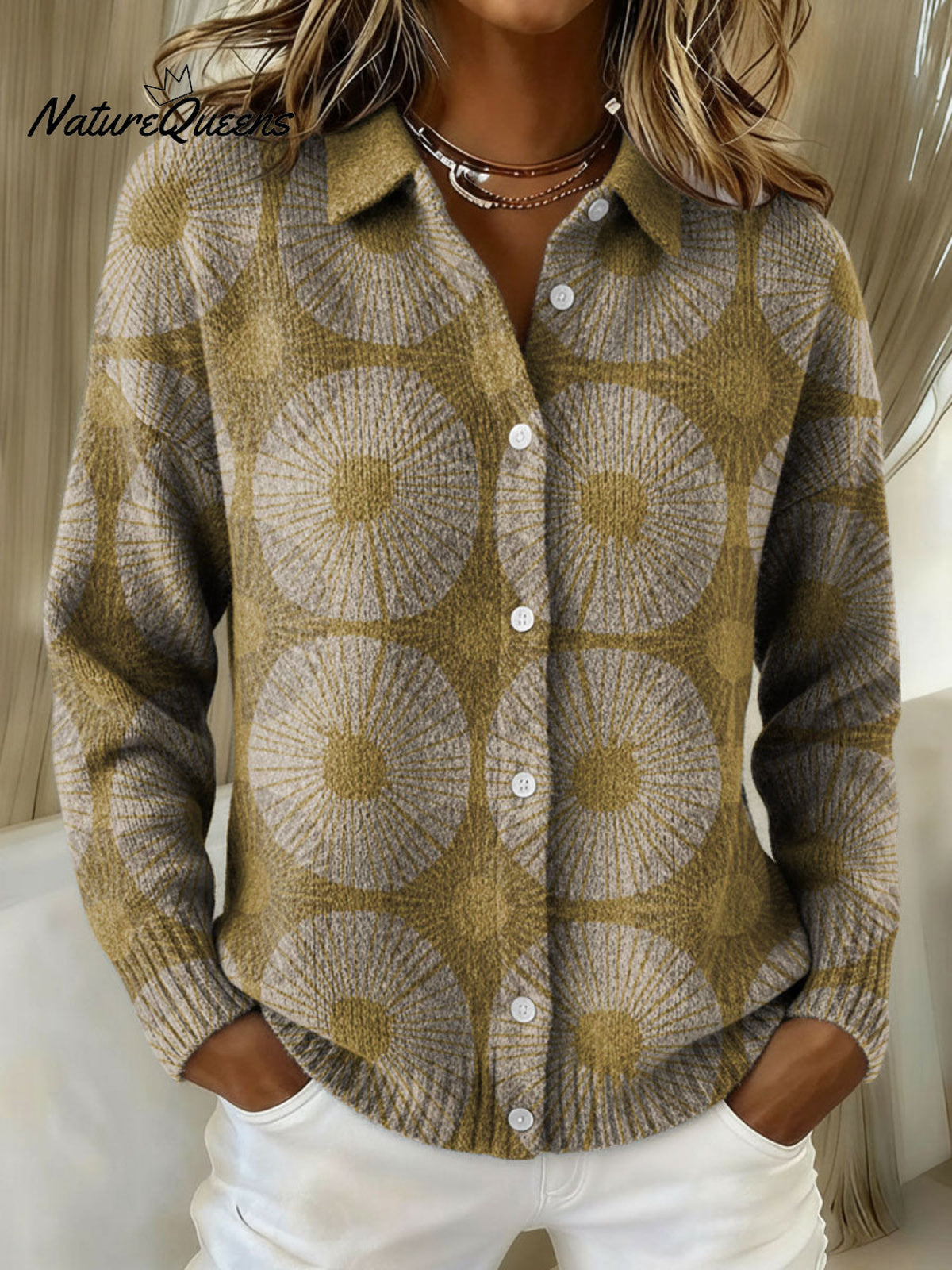 Geometric Line Circle Decorative Pattern Casual Shirt Collar Long Sleeve Sweater