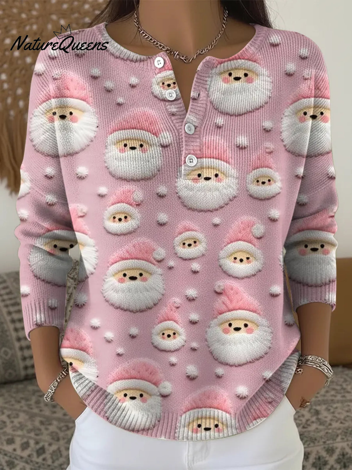 Women's Cute Pink Santa Claus Casual Printed Sweater