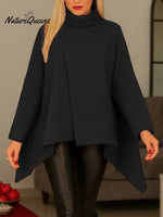 Women's Solid Color High-neck Long-sleeved Casual Loose-fitting Cape Top With Irregular Hem.